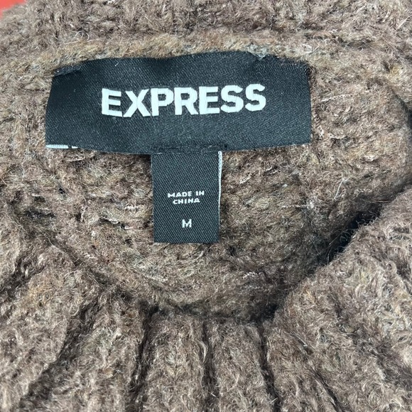 EXPRESS Mock Neck Cable Knit Fuzzy Sweater Brown Neutral Size M - Picture 5 of 8
